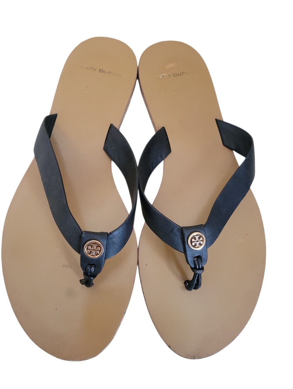 Tory Burch Manon Leather Thong Sandals Black Gold Logo Flat Classic Slides Sz 9